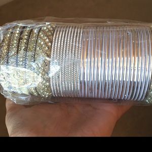 Silver Tone Rhinestone Metal Bangle Set.